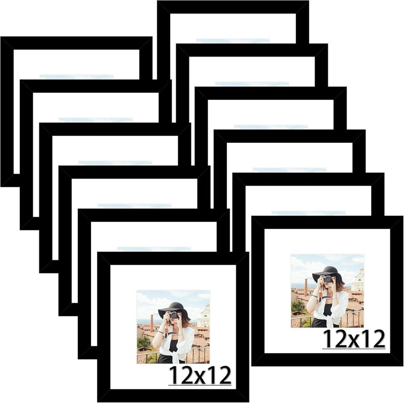 Picrit 12x12 Picture Frame Set of 12, Display 8x8 with Mat or 12 x 12 without Mat, Photo Frames for Wall Mounting Display, Black - Image 1