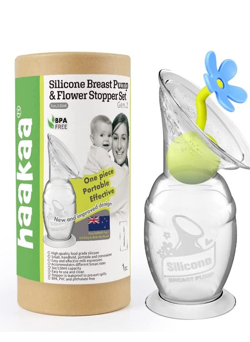 haakaa - 150ml Manual Breast Pump for Breastfeeding With Suction Base and Flower Stopper Set (Blue) - Image 1