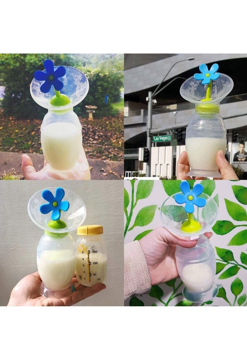 haakaa - 150ml Manual Breast Pump for Breastfeeding With Suction Base and Flower Stopper Set (Blue) - Image 1