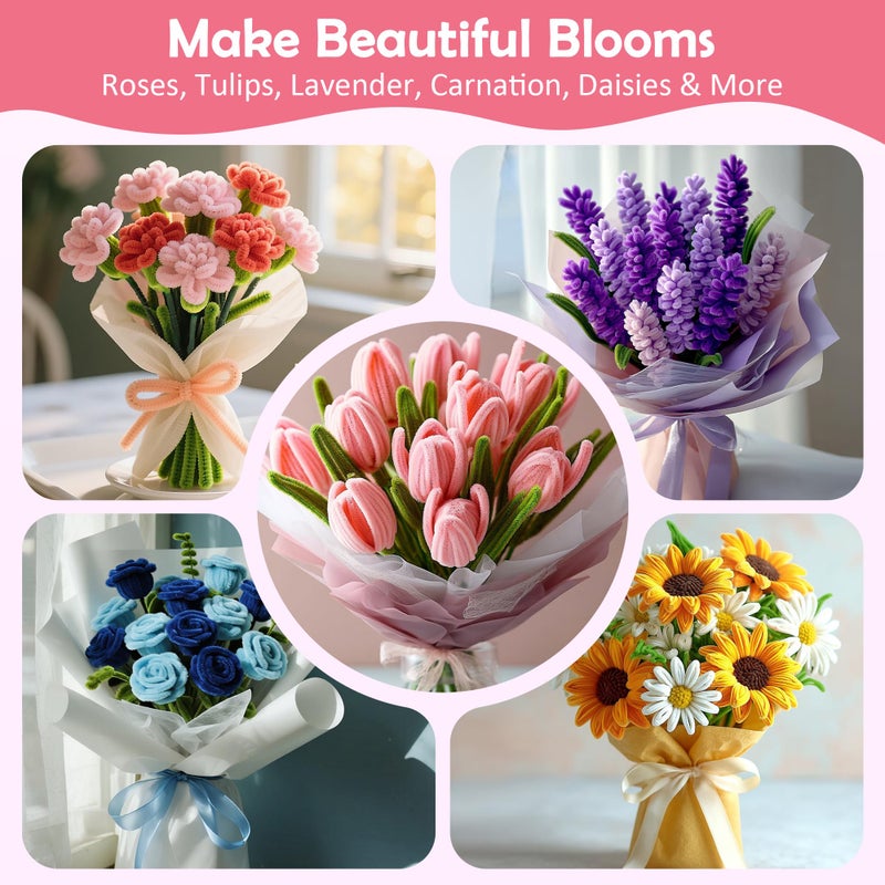 EARLY MINDS 500 Pcs Pipe Cleaners Craft Kit for Flower Making, Complete DIY Bouquet Set with Chenille Stems, Craft Wire, Stamen, Tape, Ribbon & More, Perfect for Arts, Handmade Gifts & Decorations - Image 3