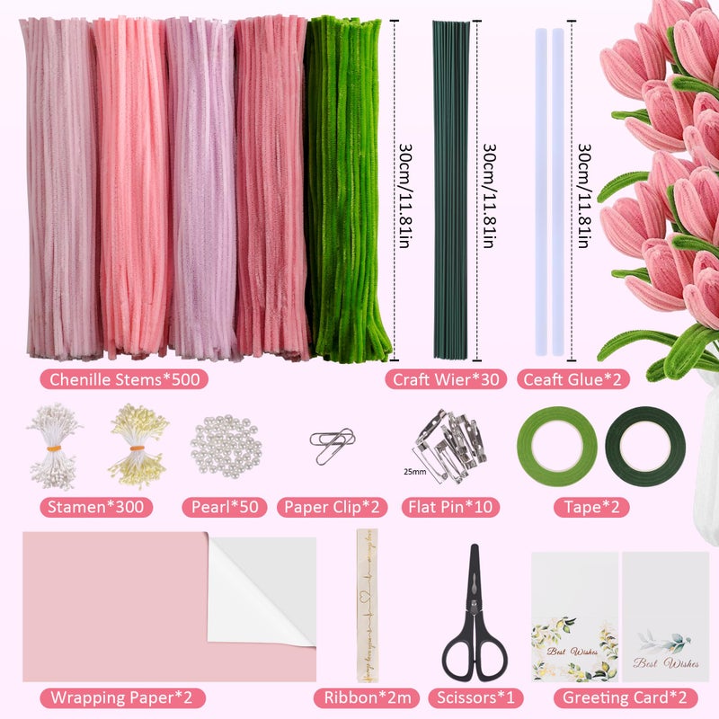 EARLY MINDS 500 Pcs Pipe Cleaners Craft Kit for Flower Making, Complete DIY Bouquet Set with Chenille Stems, Craft Wire, Stamen, Tape, Ribbon & More, Perfect for Arts, Handmade Gifts & Decorations - Image 2