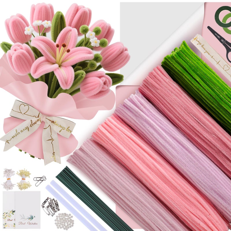 EARLY MINDS 500 Pcs Pipe Cleaners Craft Kit for Flower Making, Complete DIY Bouquet Set with Chenille Stems, Craft Wire, Stamen, Tape, Ribbon & More, Perfect for Arts, Handmade Gifts & Decorations - Image 1