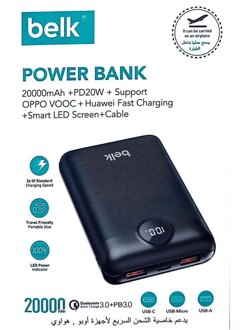 بيلك - شاحن باور بانك سريع 20000 مللي أمبير PD20W شاشة LED ذكية مع كابل - Image 1