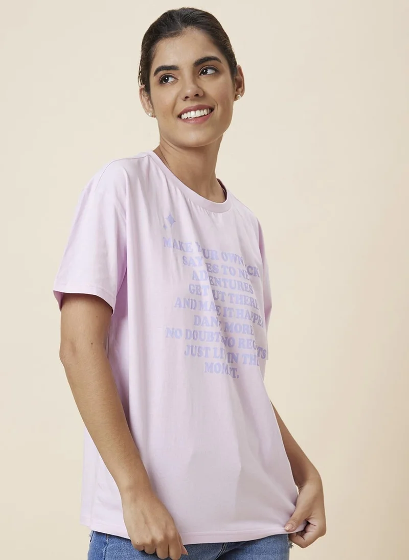 globus Globus Women Pink Typography Printed Drop-Shoulder Pure Cotton T-Shirt