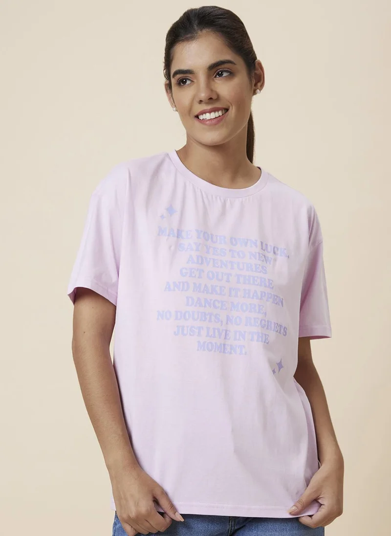 Globus Globus Women Pink Typography Printed Drop-Shoulder Pure Cotton T-Shirt