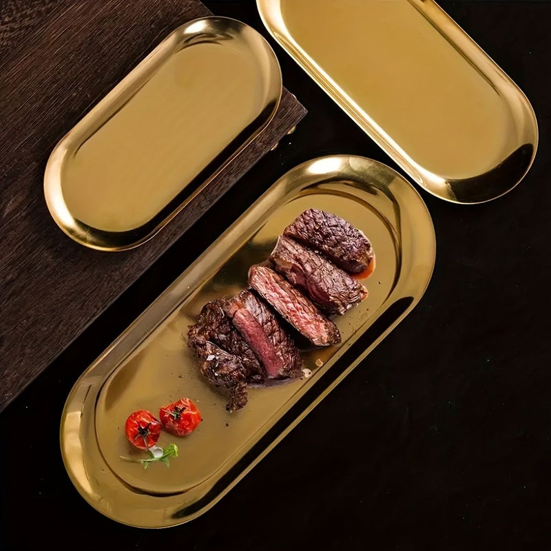 Golden Oval Serving Tray Stainless Steel Handcrafted for Fruits Desserts Snacks - Image 4