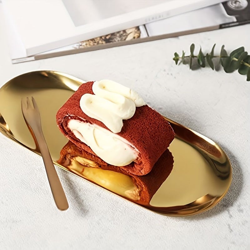 Golden Oval Serving Tray Stainless Steel Handcrafted for Fruits Desserts Snacks - Image 2