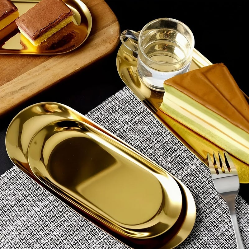 Golden Oval Serving Tray Stainless Steel Handcrafted for Fruits Desserts Snacks - Image 1