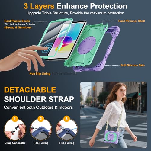 Auorld Case for iPad A16 11th Generation 11 Inch 2025, Auorld for iPad 10th Generation 10.9 inch 2022 case with Screen Protector, 360 Degree Rotating Stand Shoulder Strap Pencil Holder,Purple Mint - Image 3
