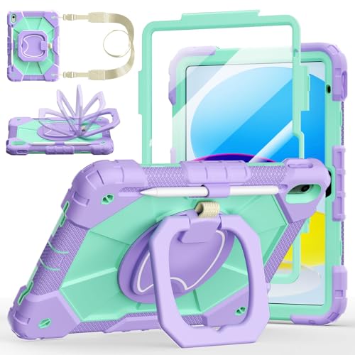 Auorld Case for iPad A16 11th Generation 11 Inch 2025, Auorld for iPad 10th Generation 10.9 inch 2022 case with Screen Protector, 360 Degree Rotating Stand Shoulder Strap Pencil Holder,Purple Mint - Image 1