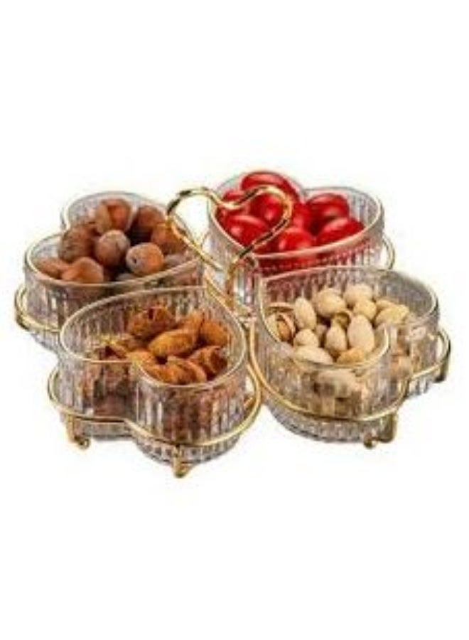 Heart-shaped glass dessert and snack serving set – 4 pieces with an elegant metal stand.