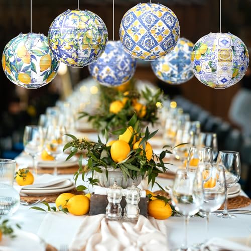 Rossesay 12 Pcs Capri Lemon Paper Lantern 8 Inch Blue Yellow Lemon Hanging Lantern Indoor Outdoor Lemon Birthday Party Decorations Decorative Round Lanterns for Tea Wedding Baby Shower Party Supplies - Image 4