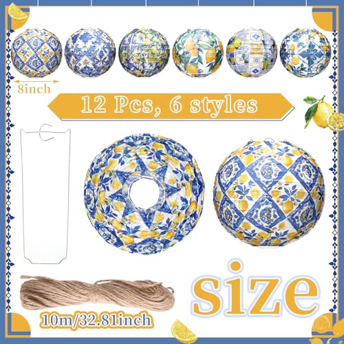 Rossesay 12 Pcs Capri Lemon Paper Lantern 8 Inch Blue Yellow Lemon Hanging Lantern Indoor Outdoor Lemon Birthday Party Decorations Decorative Round Lanterns for Tea Wedding Baby Shower Party Supplies - Image 2