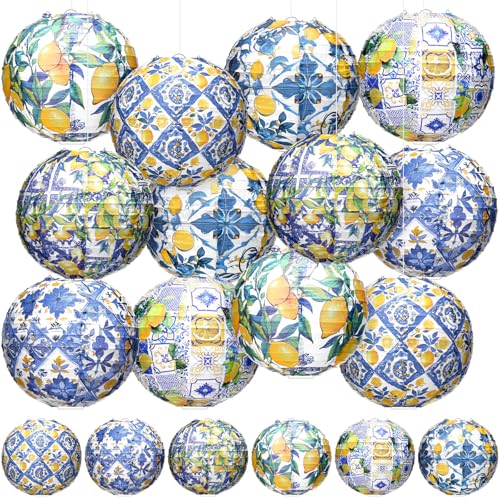 Rossesay 12 Pcs Capri Lemon Paper Lantern 8 Inch Blue Yellow Lemon Hanging Lantern Indoor Outdoor Lemon Birthday Party Decorations Decorative Round Lanterns for Tea Wedding Baby Shower Party Supplies - Image 1