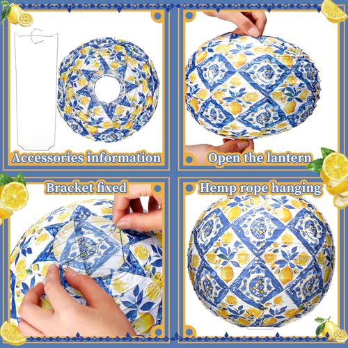 Rossesay 12 Pcs Capri Lemon Paper Lantern 8 Inch Blue Yellow Lemon Hanging Lantern Indoor Outdoor Lemon Birthday Party Decorations Decorative Round Lanterns for Tea Wedding Baby Shower Party Supplies - Image 5