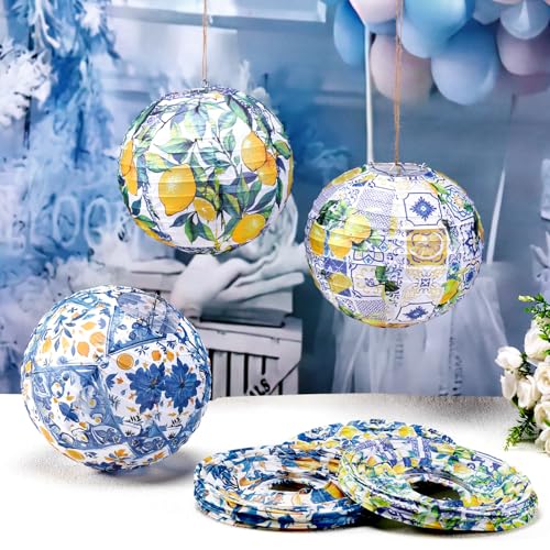 Rossesay 12 Pcs Capri Lemon Paper Lantern 8 Inch Blue Yellow Lemon Hanging Lantern Indoor Outdoor Lemon Birthday Party Decorations Decorative Round Lanterns for Tea Wedding Baby Shower Party Supplies - Image 3