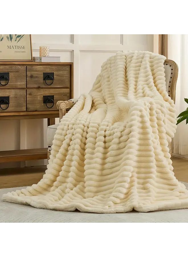 White Fleece Throw Blanket 3D Ribbed Jacquard All Season Bedspread 39x59 Inch - Image 5