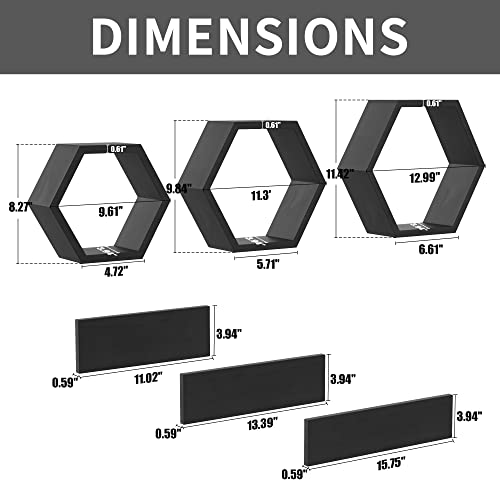 LUDORU Wooden Hexagon Floating Shelves Wall Mounted - Set of 6 Pine Wood Hexagon Shelves Display for Photos,Plants,Rustic Honeycomb Shelves for Living Room, Bedroom,Bathroom, Kitchen, Office Decor, Black. - Image 2