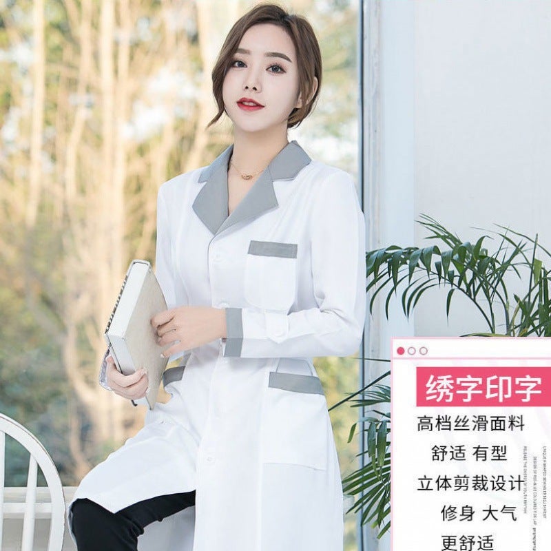 Long-sleeved semi-permanent overalls doctors clothing female nurse summer short-sleeved experimental student pharmacy tattoo artist White gray collar long sleeves 