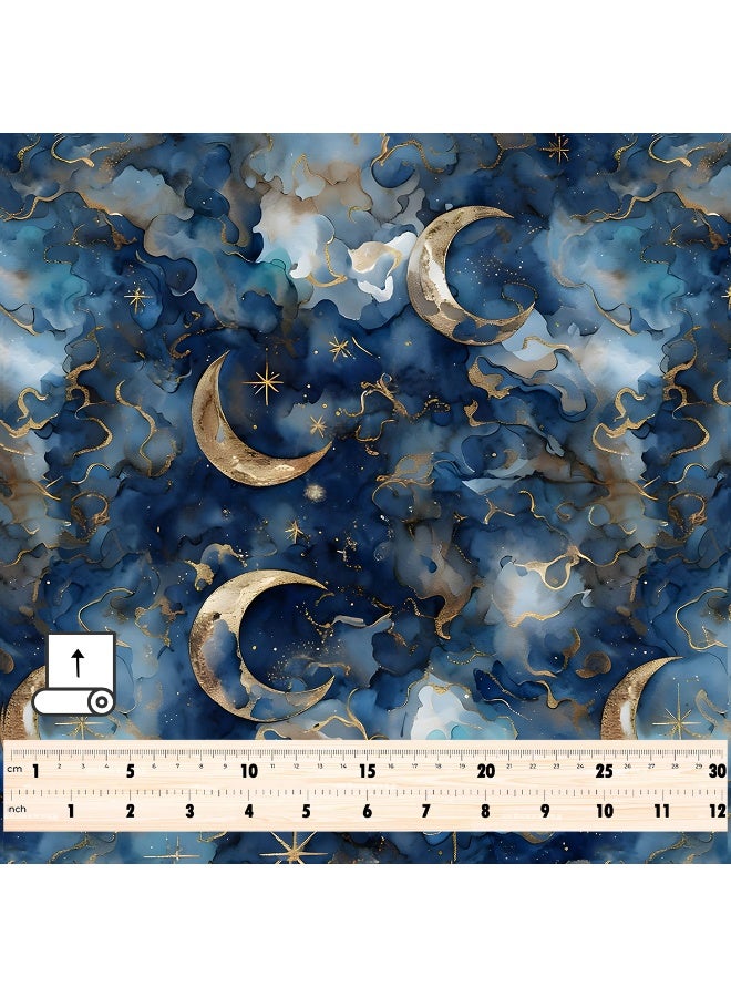 Vellato Al Lail Aramny Silk Fabric By The Yard Blue Gold Crescent Moons Stars Design Jalabiya Makhweer Dressmaking 58 Inches Width - Image 4