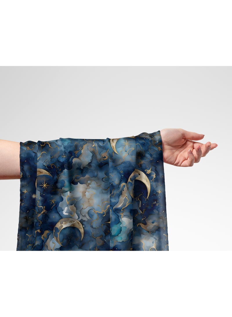 Vellato Al Lail Aramny Silk Fabric By The Yard Blue Gold Crescent Moons Stars Design Jalabiya Makhweer Dressmaking 58 Inches Width - Image 1