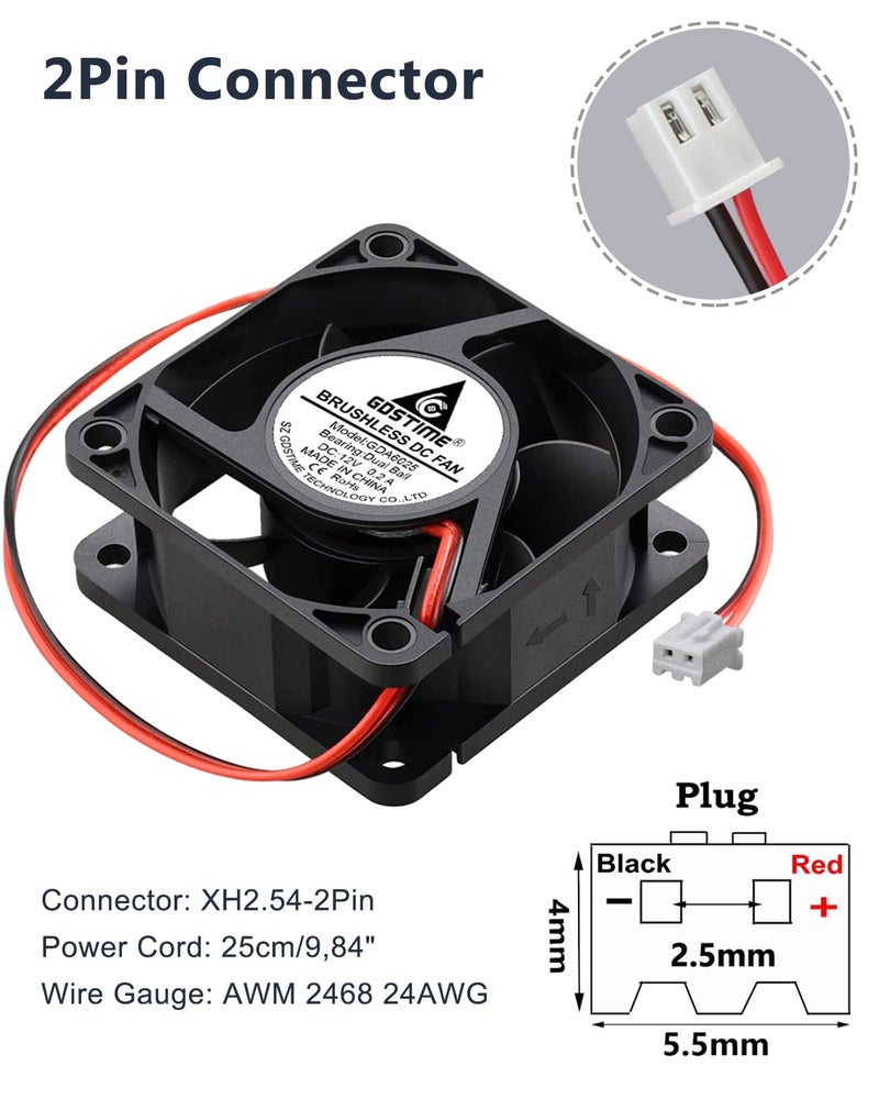 GDSTIME 2 Pack 60mm x 60mm x 25mm 12V Dual Ball Bearings DC Brushless Cooling Fan 2Pin - Image 4