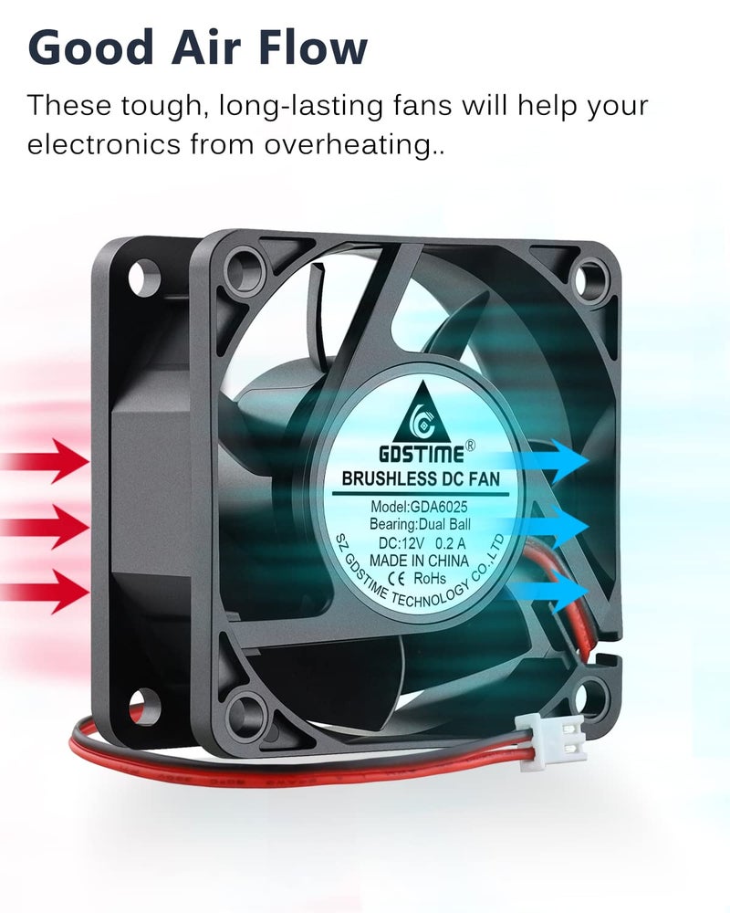 GDSTIME 2 Pack 60mm x 60mm x 25mm 12V Dual Ball Bearings DC Brushless Cooling Fan 2Pin - Image 5