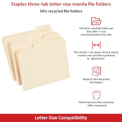 Staples File Folders, 1/3-Cut Tab, Assorted Position, Letter Size, Perfect for Home, Office, Classroom, 100-Pack, Manila - Image 4