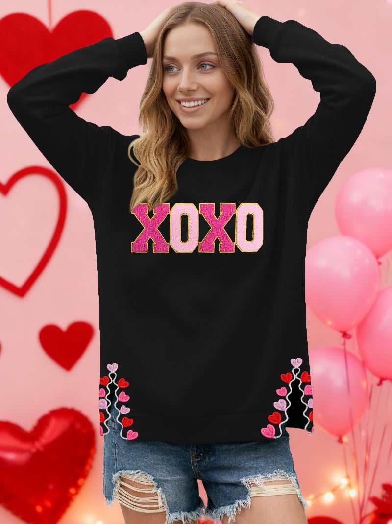 PECHAR Valentine Sweatshirts Women Love Valentines Shirts Embroidered Crewneck Long Sleeve Tops With Side Heart Applique - Image 2