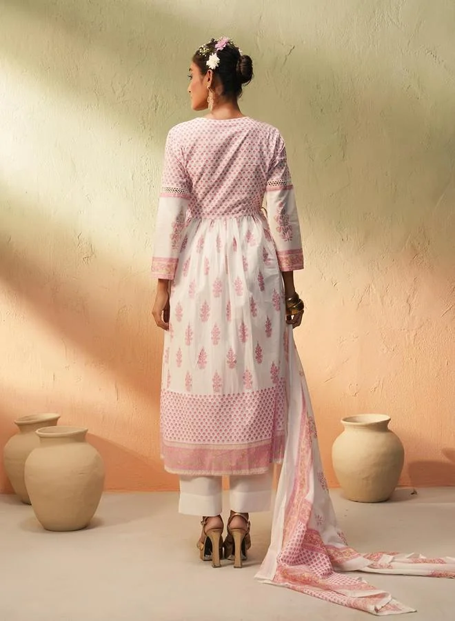 آي شين Women's White 100% Cotton Printed Tunic Top With Ankle Palazzo Flared 3 Peice Kurta Set