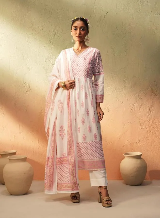 آي شين Women's White 100% Cotton Printed Tunic Top With Ankle Palazzo Flared 3 Peice Kurta Set