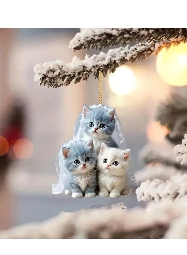 Acrylic Flat Pendant - Adorable Triple Cat Design Keychain - Image 2