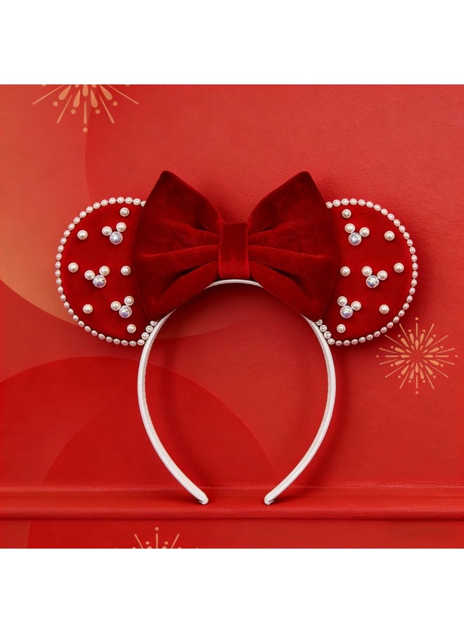 Minnie Mouse Disney Minnie Mouse Ears Headband with Pearl Embellishments, Velvet Bow Comfortable Hair Hoop for Theme Park, Women & Kids - Image 3