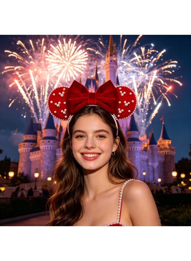 Minnie Mouse Disney Minnie Mouse Ears Headband with Pearl Embellishments, Velvet Bow Comfortable Hair Hoop for Theme Park, Women & Kids - Image 5