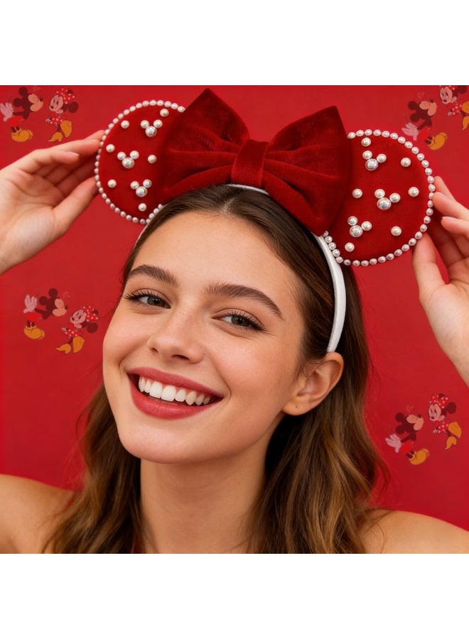 Minnie Mouse Disney Minnie Mouse Ears Headband with Pearl Embellishments, Velvet Bow Comfortable Hair Hoop for Theme Park, Women & Kids - Image 4