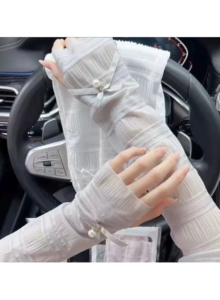 Goolsky Bowknot Lace UV Protection Arm Sleeves Women – Ice Silk Elegant Long Sun Sleeves for Driving Cycling, Fashionable - Image 2