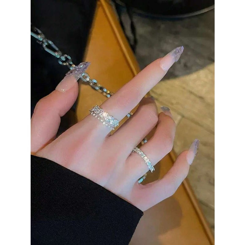 rundraw 2pcs Luxury Y2K Style Copper Zirconia Double Layer Ring, Dainty Adjustable Rings For Women, Ins Minimalist Daily  Accessories - Image 4