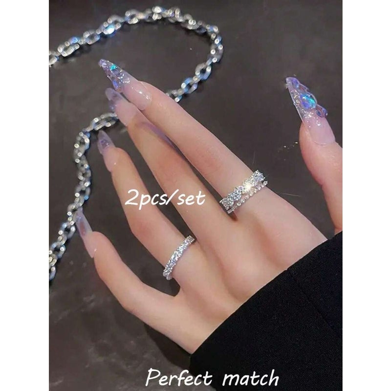 rundraw 2pcs Luxury Y2K Style Copper Zirconia Double Layer Ring, Dainty Adjustable Rings For Women, Ins Minimalist Daily  Accessories - Image 1
