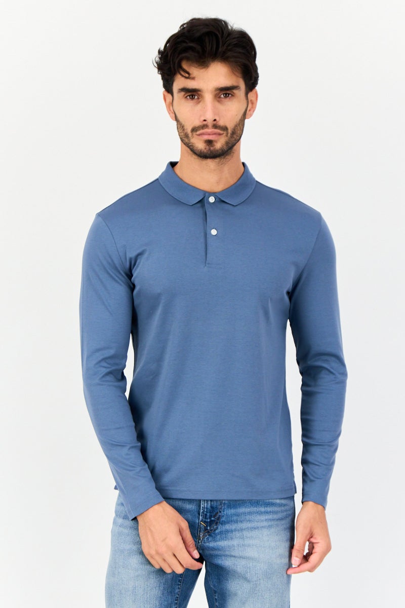 GIORDANO Men Slim Fit Solid Full Sleeves Polo Shirt, Slate Blue - Image 1