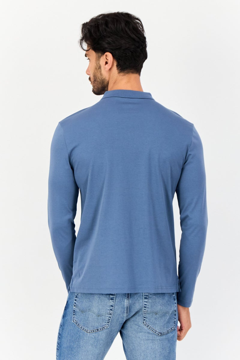 GIORDANO Men Slim Fit Solid Full Sleeves Polo Shirt, Slate Blue - Image 4