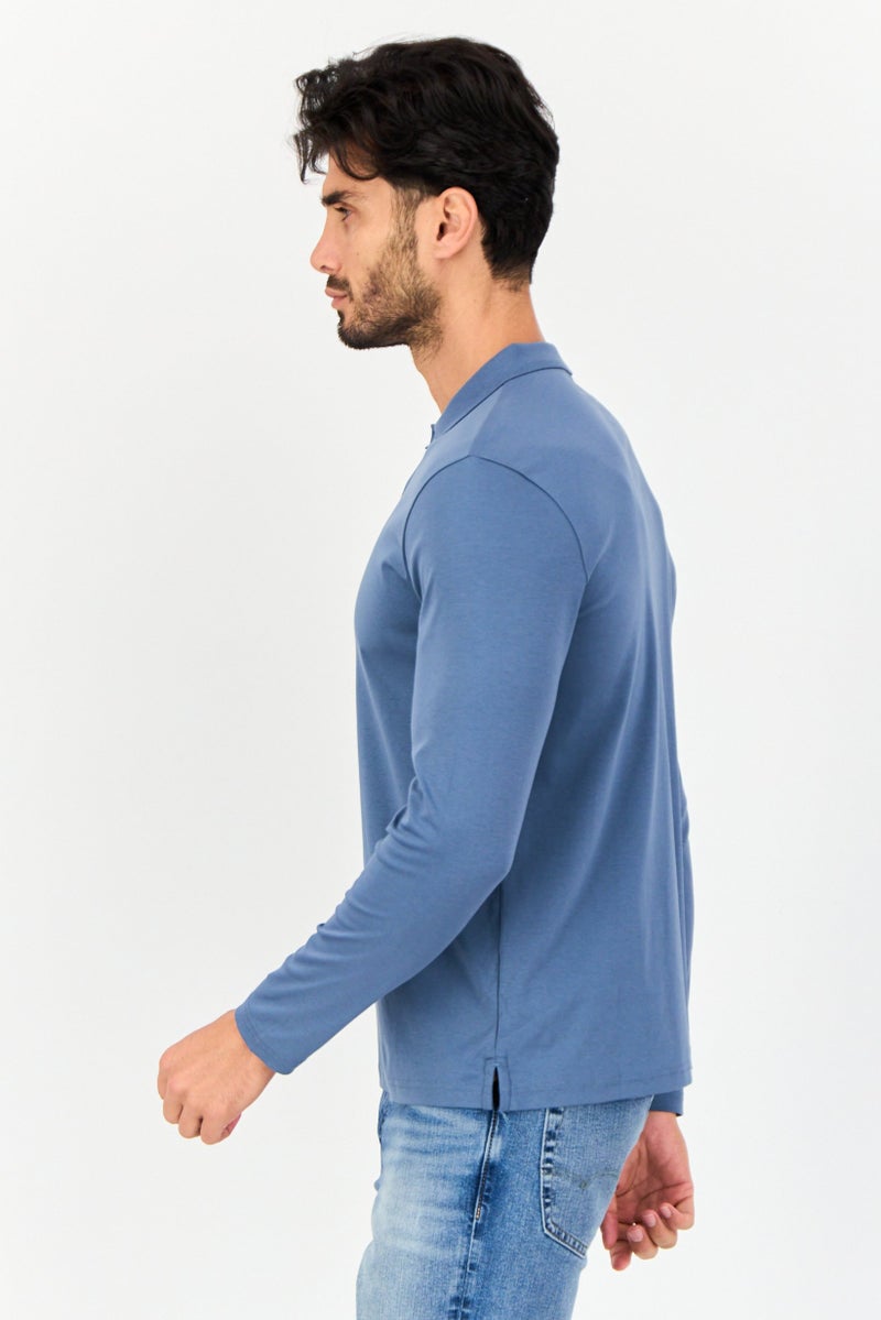 GIORDANO Men Slim Fit Solid Full Sleeves Polo Shirt, Slate Blue - Image 2