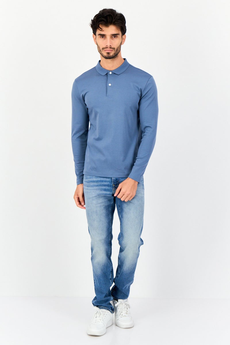 GIORDANO Men Slim Fit Solid Full Sleeves Polo Shirt, Slate Blue - Image 3