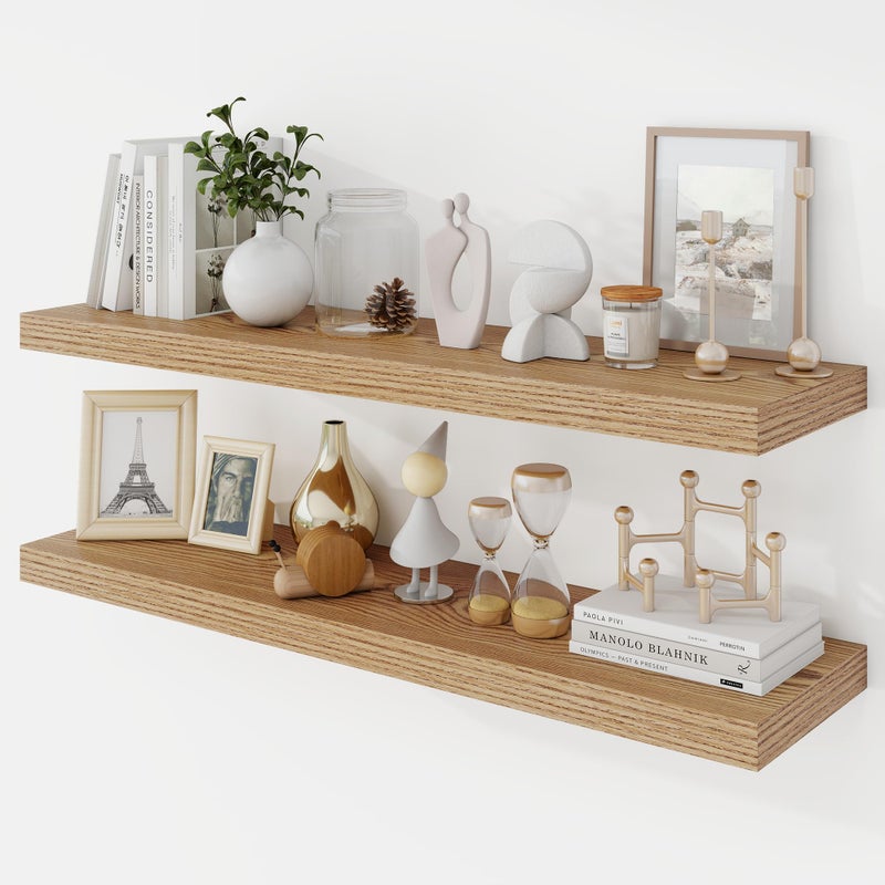 Acovy 36 Inch Floating Shelves, 9.3" Deep Floating Shelf Wall Mounted, 36" Wall Shelves, Rustic Deep Bookshelf, Large Display Shelves & Storage Shelves for Bedroom, Living Room, Light Brown, Set of 2 - Image 1