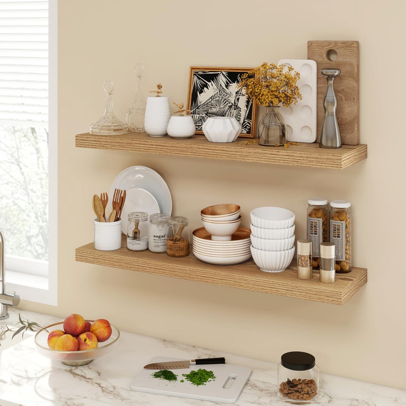 Acovy 36 Inch Floating Shelves, 9.3" Deep Floating Shelf Wall Mounted, 36" Wall Shelves, Rustic Deep Bookshelf, Large Display Shelves & Storage Shelves for Bedroom, Living Room, Light Brown, Set of 2 - Image 3