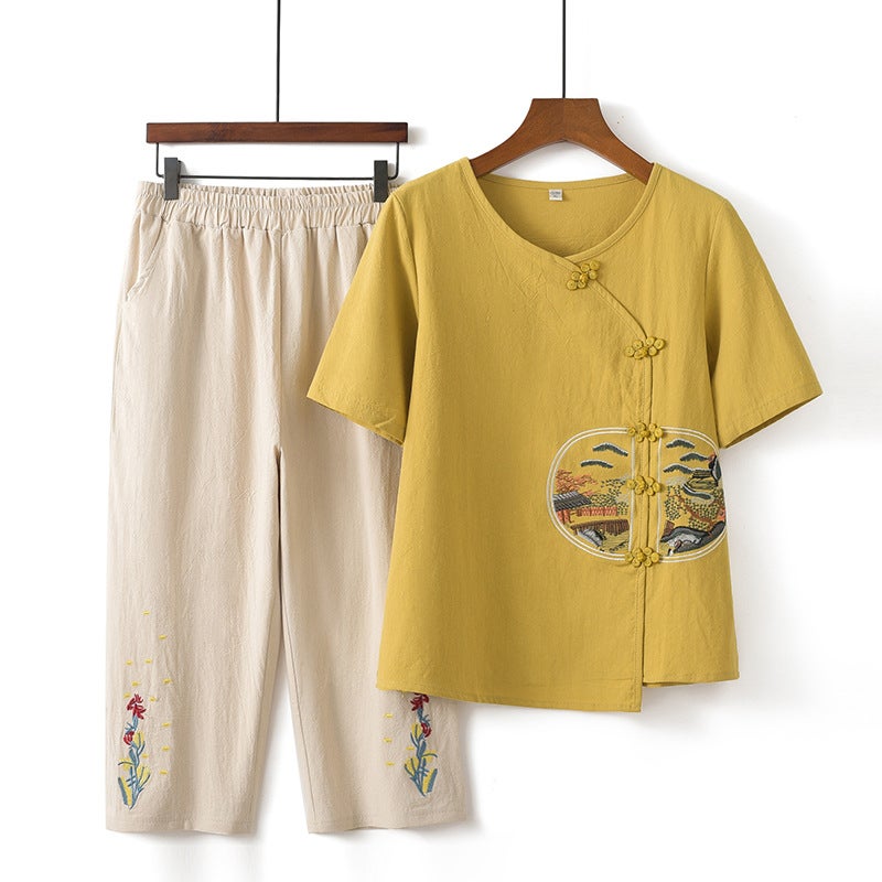 Stylish Summer Mom Outfit Cotton Linen Set Yellow coat pants]