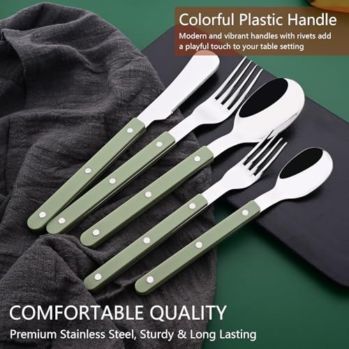 Uniturcky 20 PCS Stainless Steel Flatware Set for 4, Silverware Set with Colored Handles, Retro Style Forks Spoons and Knives Set, Vintage Eating Utensils, Green Acrylic Handle with Rivets Design - Image 3