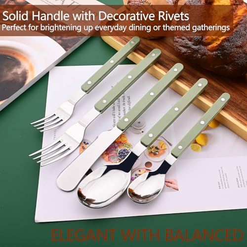 Uniturcky 20 PCS Stainless Steel Flatware Set for 4, Silverware Set with Colored Handles, Retro Style Forks Spoons and Knives Set, Vintage Eating Utensils, Green Acrylic Handle with Rivets Design - Image 5