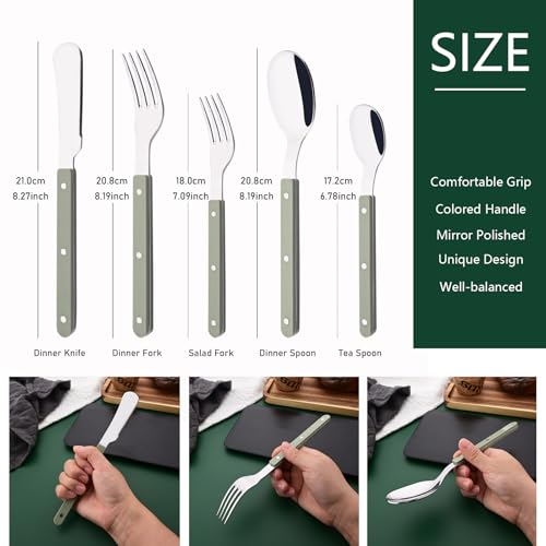 Uniturcky 20 PCS Stainless Steel Flatware Set for 4, Silverware Set with Colored Handles, Retro Style Forks Spoons and Knives Set, Vintage Eating Utensils, Green Acrylic Handle with Rivets Design - Image 2