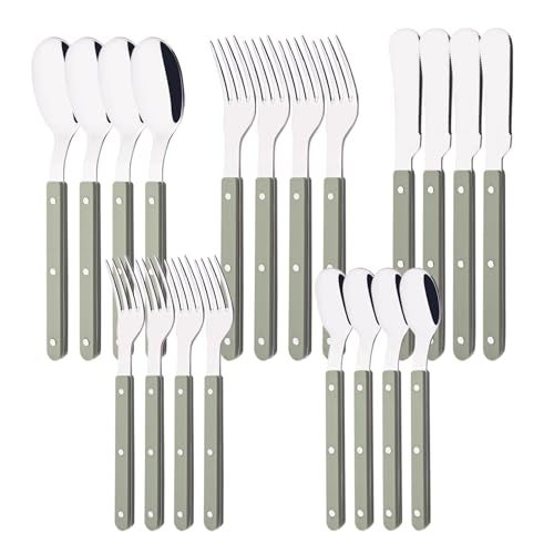 Uniturcky 20 PCS Stainless Steel Flatware Set for 4, Silverware Set with Colored Handles, Retro Style Forks Spoons and Knives Set, Vintage Eating Utensils, Green Acrylic Handle with Rivets Design - Image 1