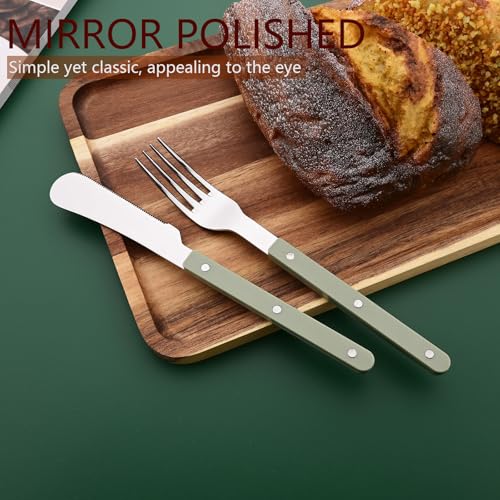 Uniturcky 20 PCS Stainless Steel Flatware Set for 4, Silverware Set with Colored Handles, Retro Style Forks Spoons and Knives Set, Vintage Eating Utensils, Green Acrylic Handle with Rivets Design - Image 4
